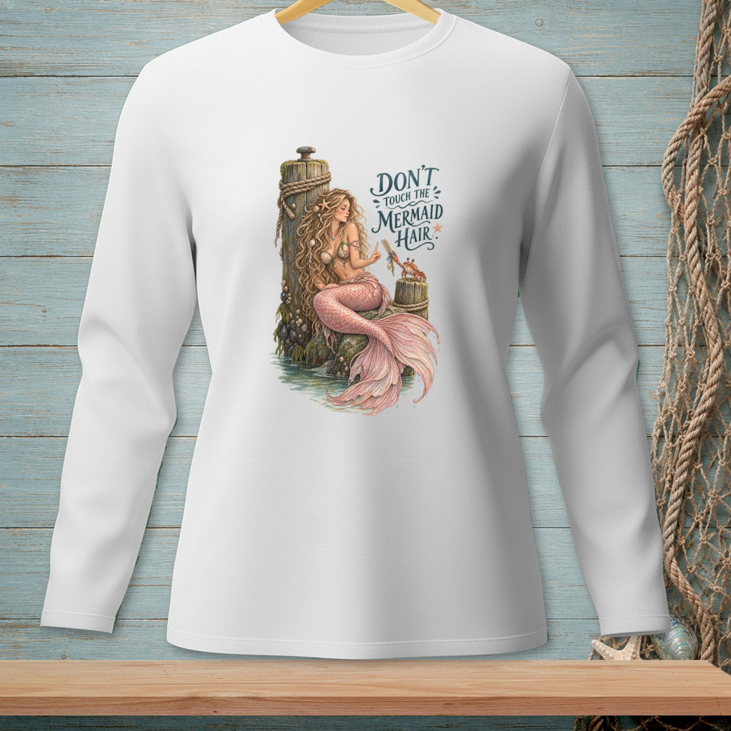 Long-sleeve white shirt with a mermaid illustration and text.