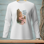 Long-sleeve white shirt with a mermaid illustration and text.
