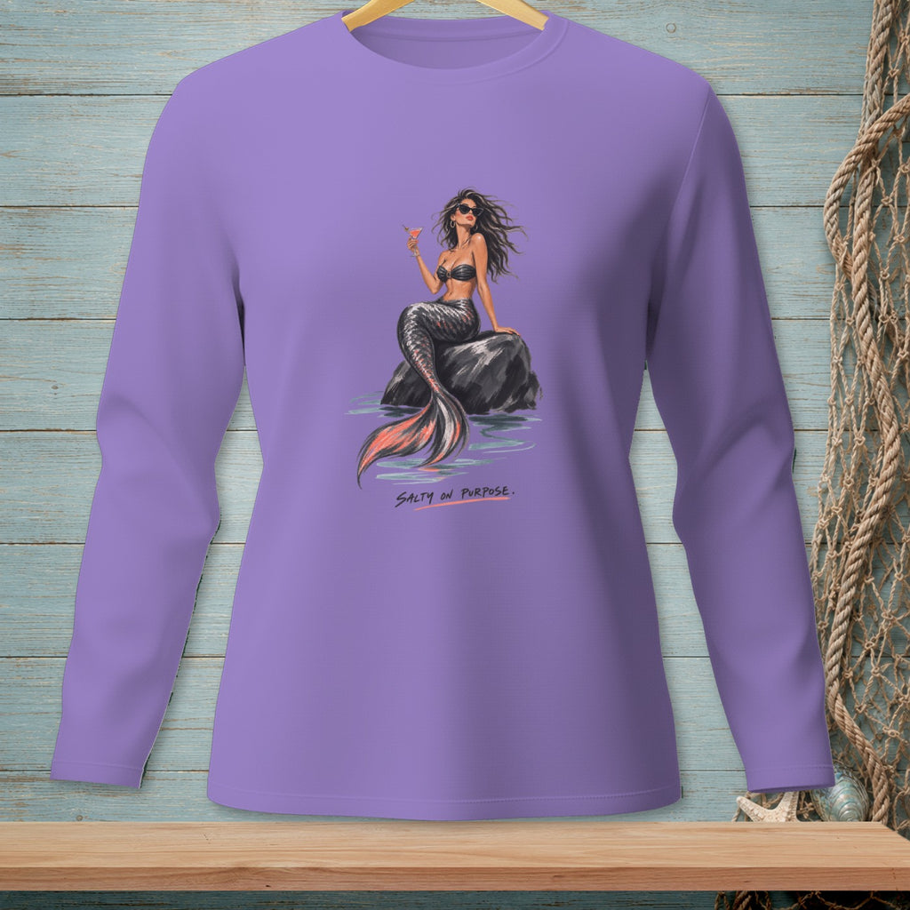 Purple long-sleeve shirt with a drawing of a mermaid holding a drink and the text "Salty on Purpose."