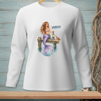 Mermaid sitting on a dock with wine and a crab, text reads "Handled".