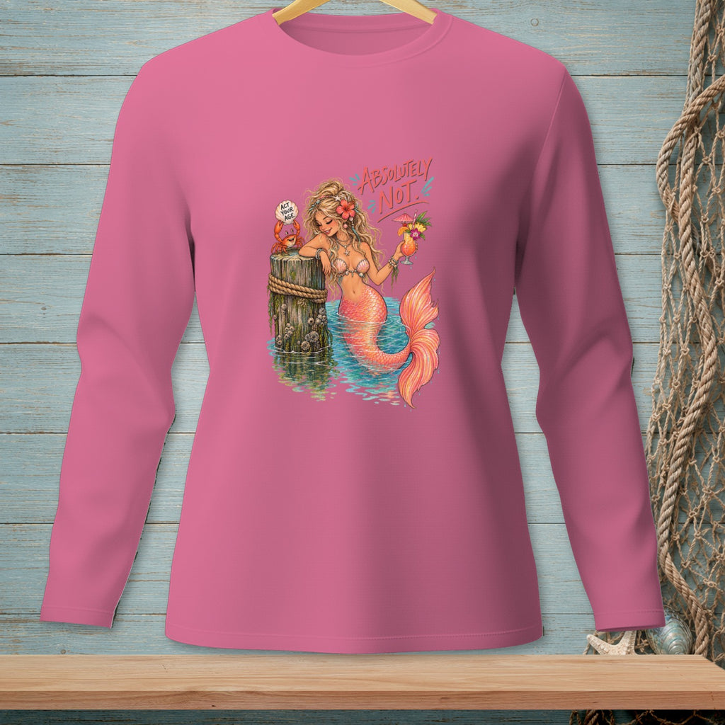 Pink long-sleeve shirt with a mermaid graphic and text "ABSOLUTELY NOT."