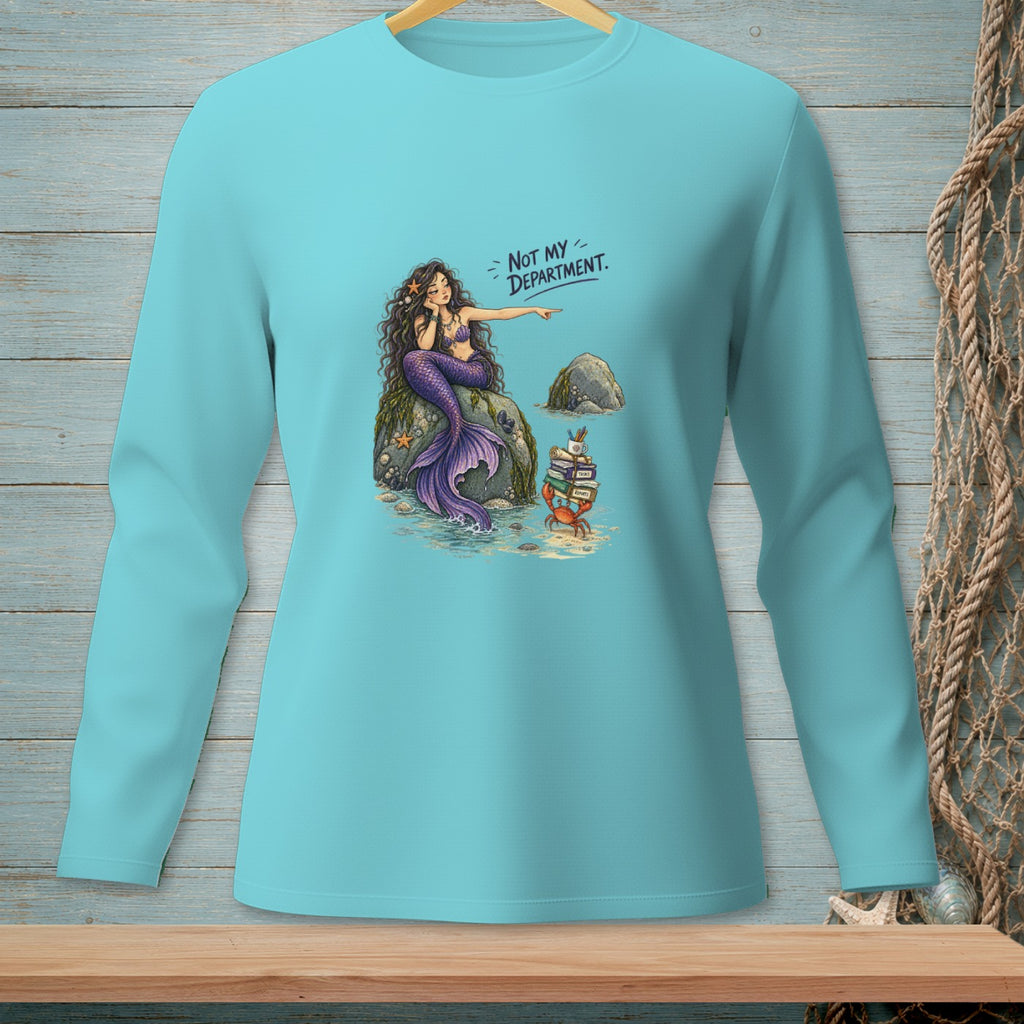 Mermaid sitting on a rock pointing to stacked books and a crab saying "Not my department."