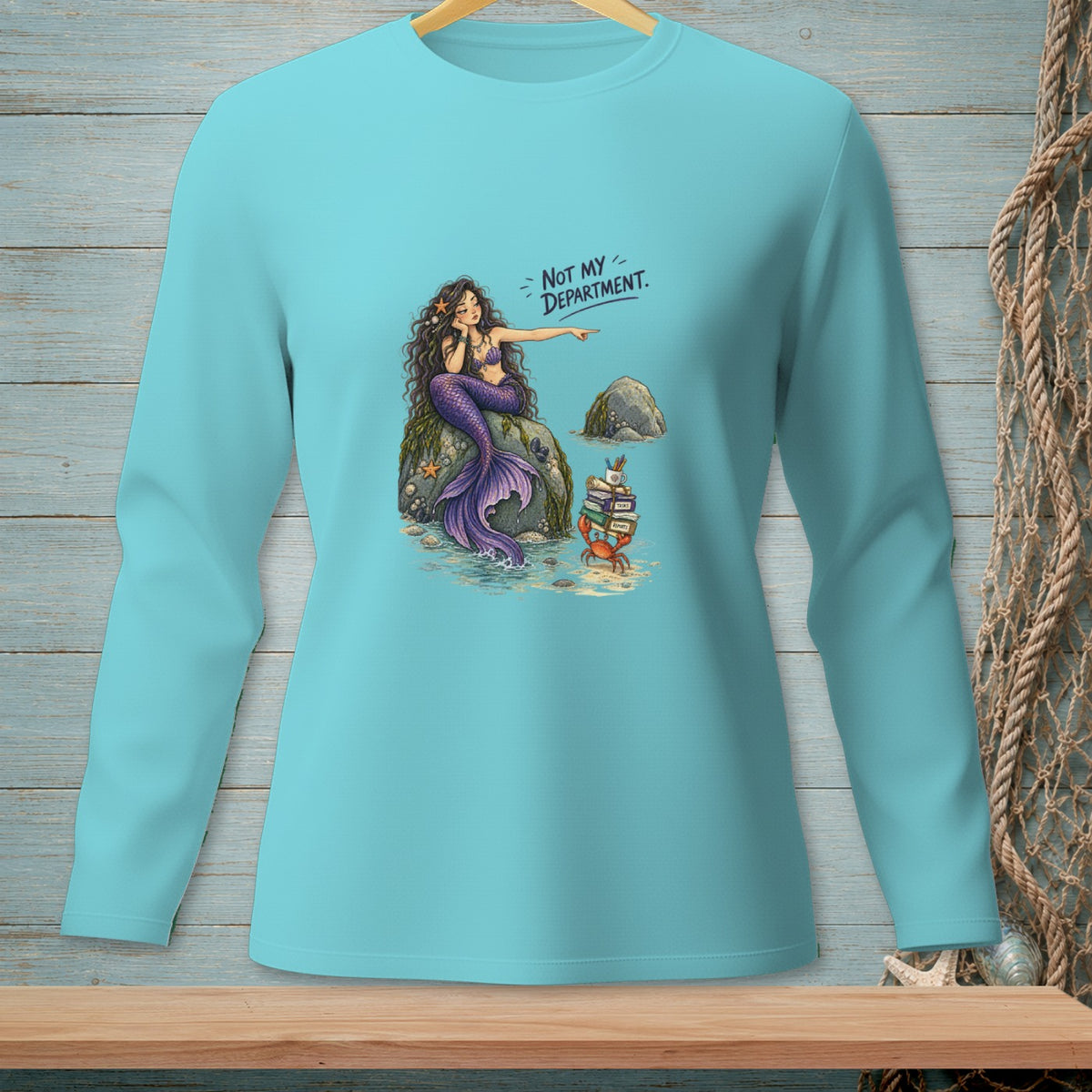 Mermaid sitting on a rock pointing to stacked books and a crab saying "Not my department."