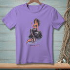 Purple t-shirt with a graphic of a mermaid holding a drink and the text "SALTY ON PURPOSE".