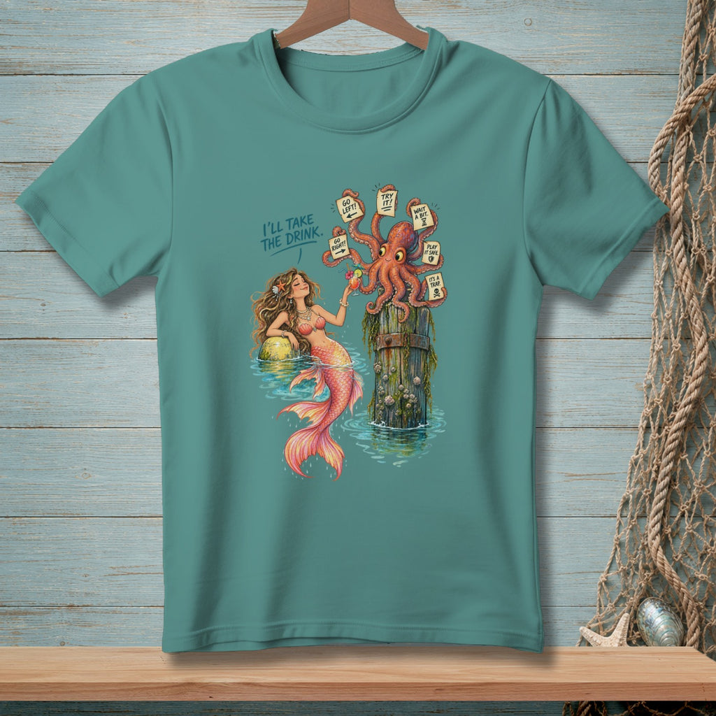 Mermaid offers a drink to an octopus deciding between various choices on signs.