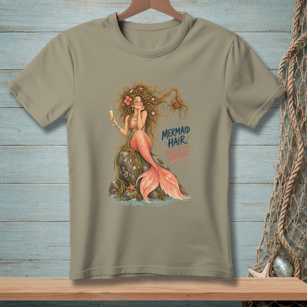 T-shirt with illustration of a mermaid and text "MERMAID HAIR ENTER AT YOUR OWN RISK".