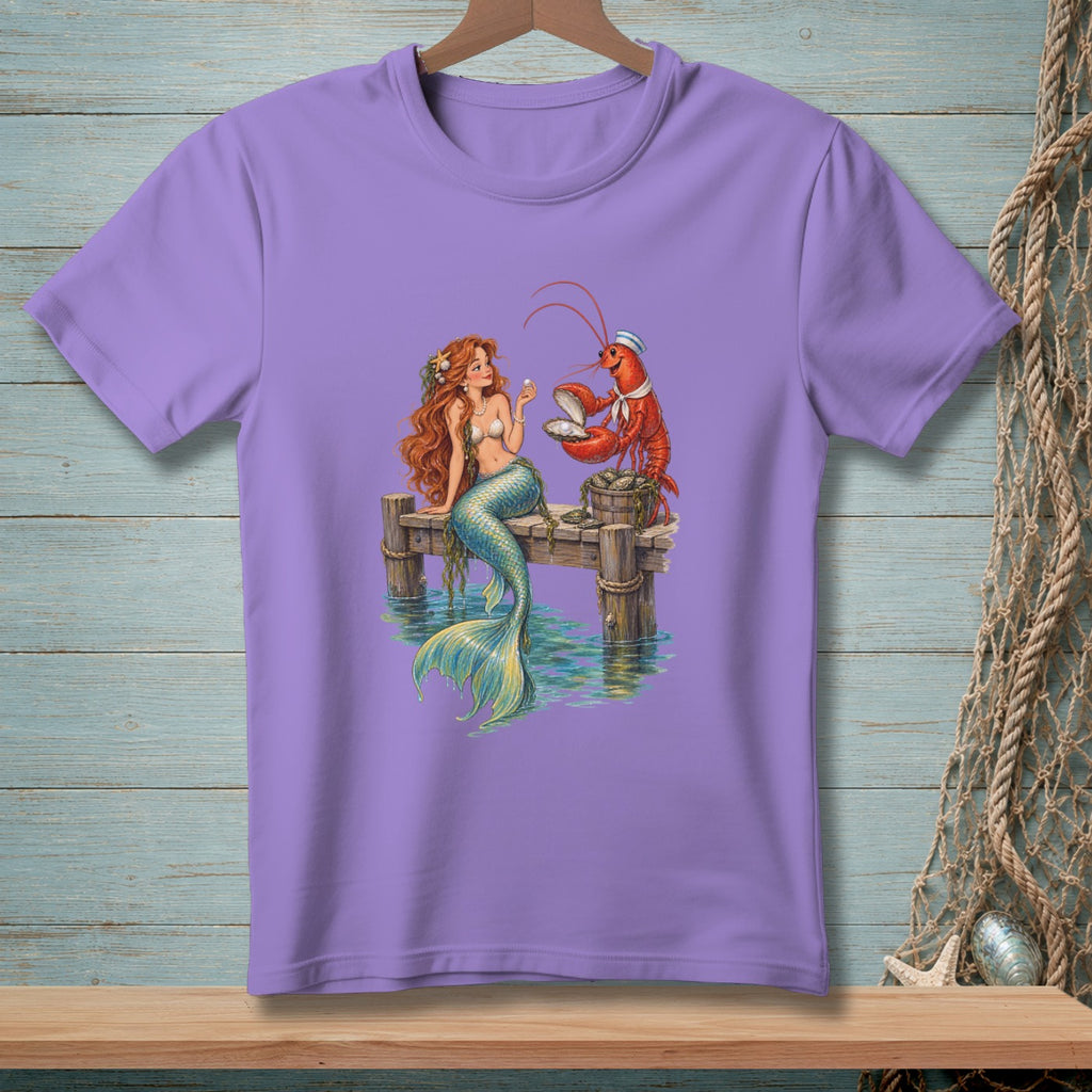 Mermaid and sailor lobster on a dock with a pearl in an oyster.