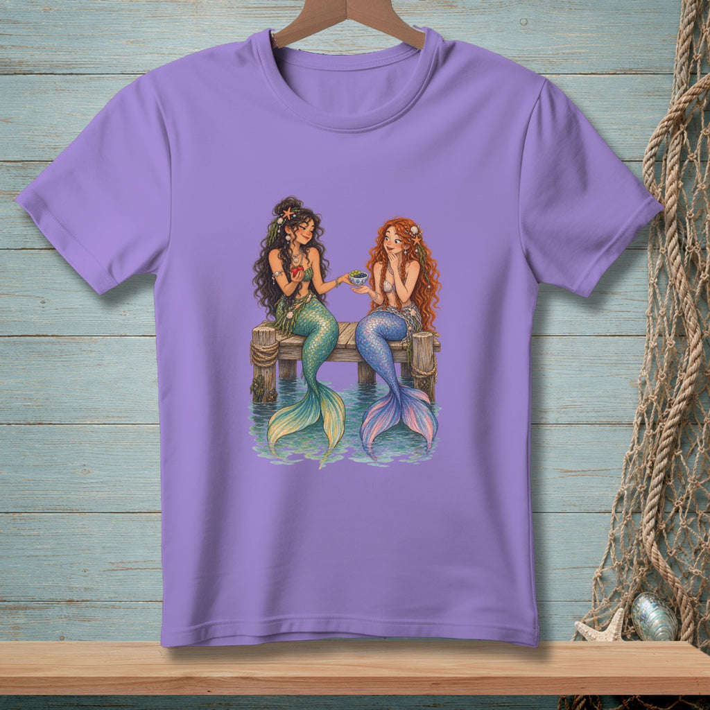 Two mermaids share a snack while sitting on a dock.
