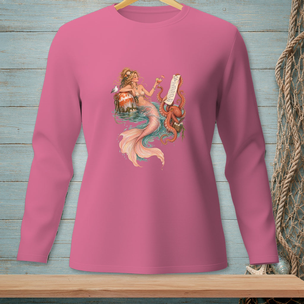 Pink long-sleeve shirt with a mermaid, octopus, and to-do list graphic.