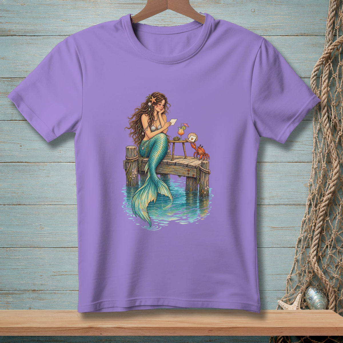 Illustration of a mermaid reading a letter on a dock with a crab and drinks.