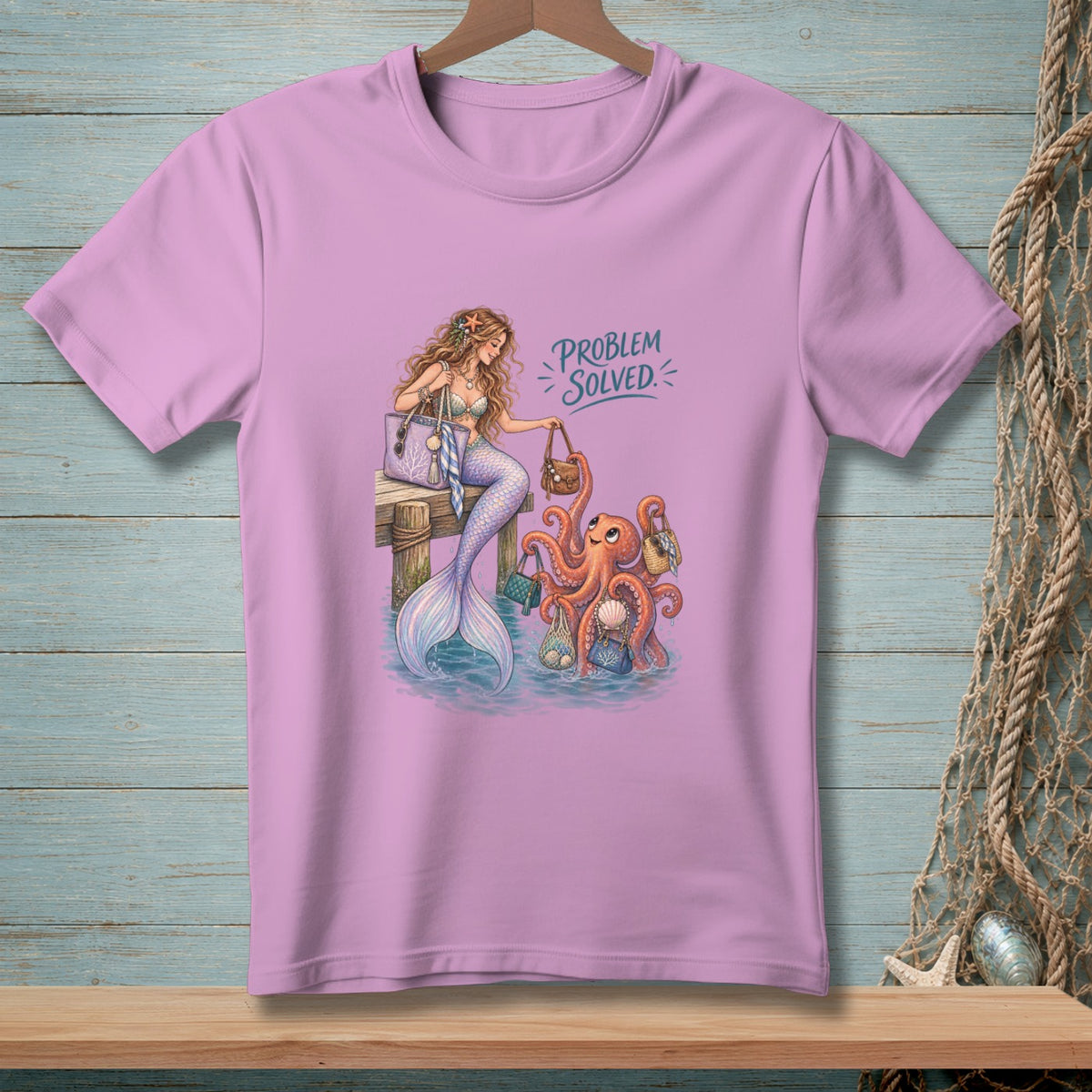Mermaid with purses sits on dock while octopus carries purses with text "PROBLEM SOLVED".