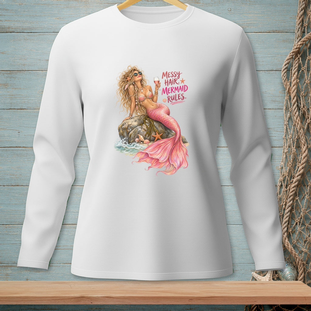 White long-sleeve shirt with a graphic of a mermaid and text "Messy Hair Mermaid Rules."