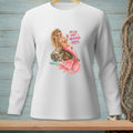 White long-sleeve shirt with a graphic of a mermaid and text "Messy Hair Mermaid Rules."