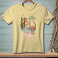 Mermaid holding a drink, octopus, and a to-do list with text.