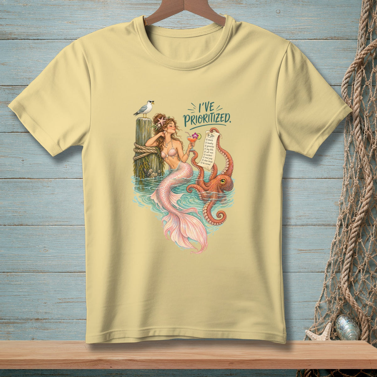 Mermaid holding a drink, octopus, and a to-do list with text.