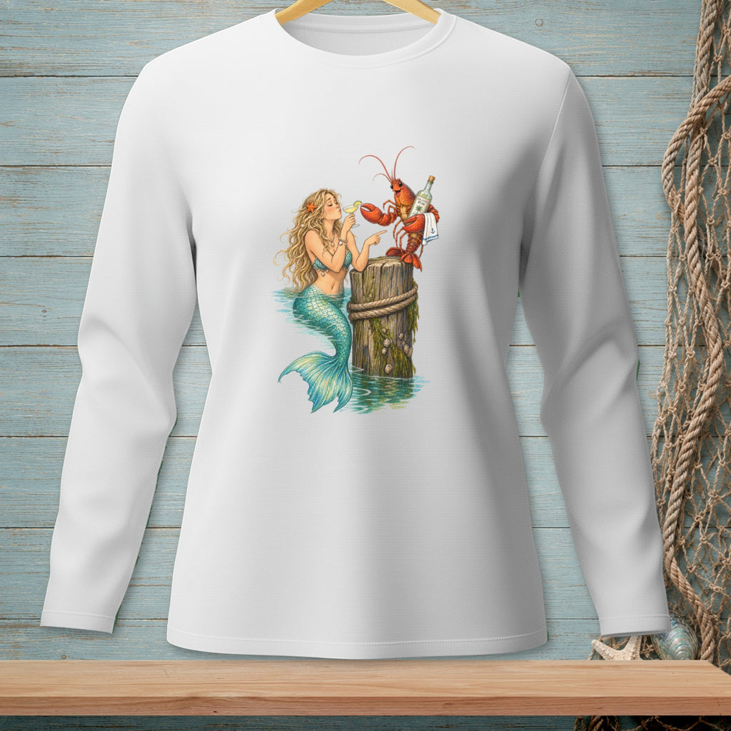 Mermaid with a drink and lobster serving rum on a wooden post.