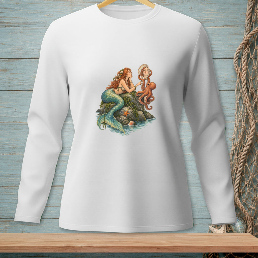 Mermaid with red hair, an octopus, and a seashell mirror on a rock.