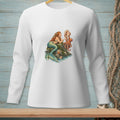 Mermaid with red hair, an octopus, and a seashell mirror on a rock.