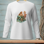 Mermaid with red hair, an octopus, and a seashell mirror on a rock.