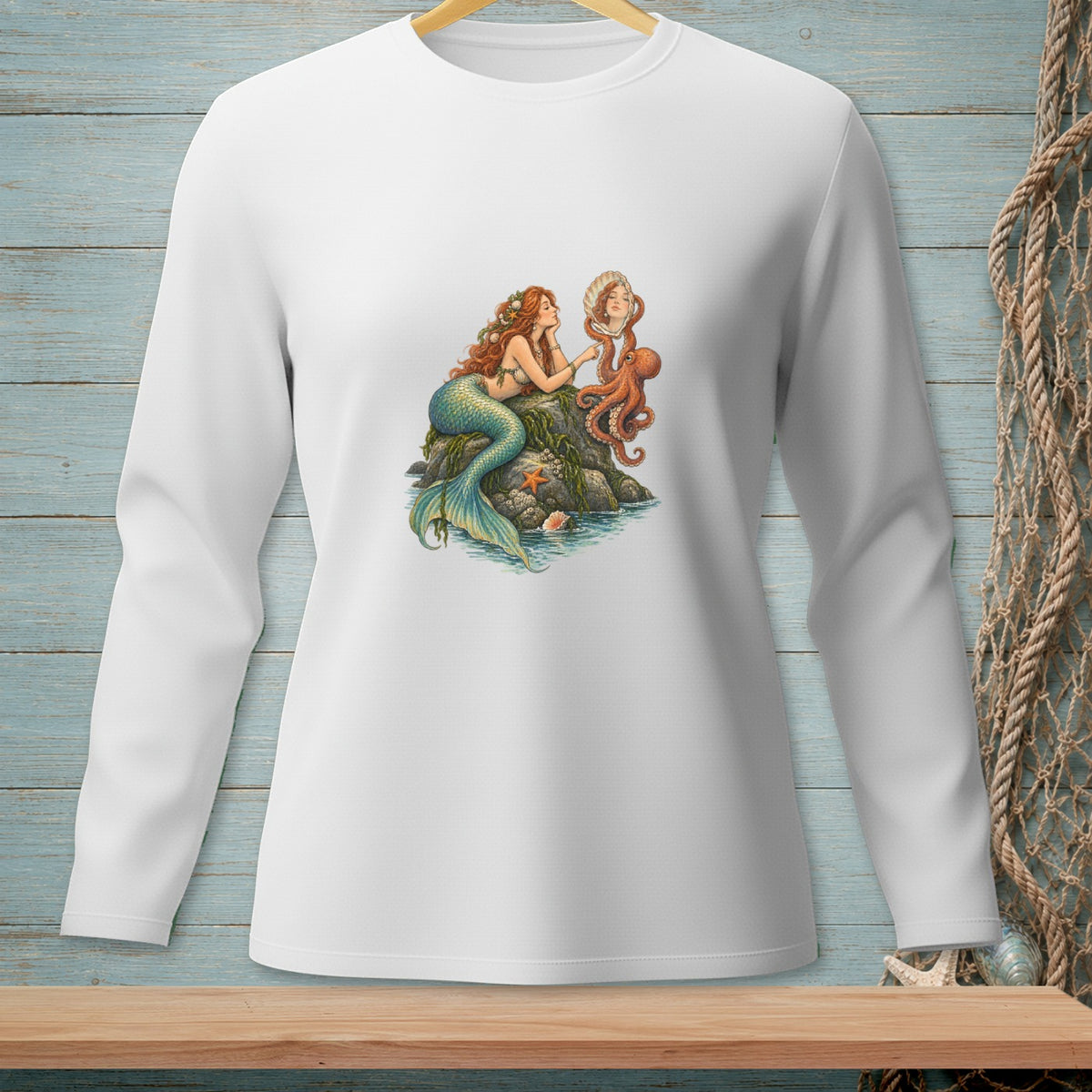 Mermaid with red hair, an octopus, and a seashell mirror on a rock.