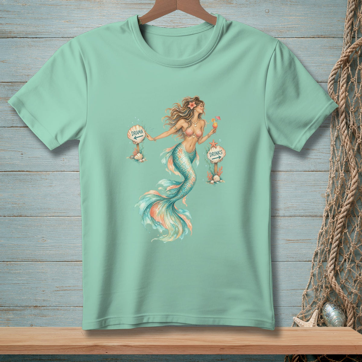 Mermaid with drink and signs pointing to "Drama" and "Drinks".