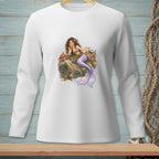 Illustration of a mermaid with a purple tail sitting on a rock with a crab and picnic basket.