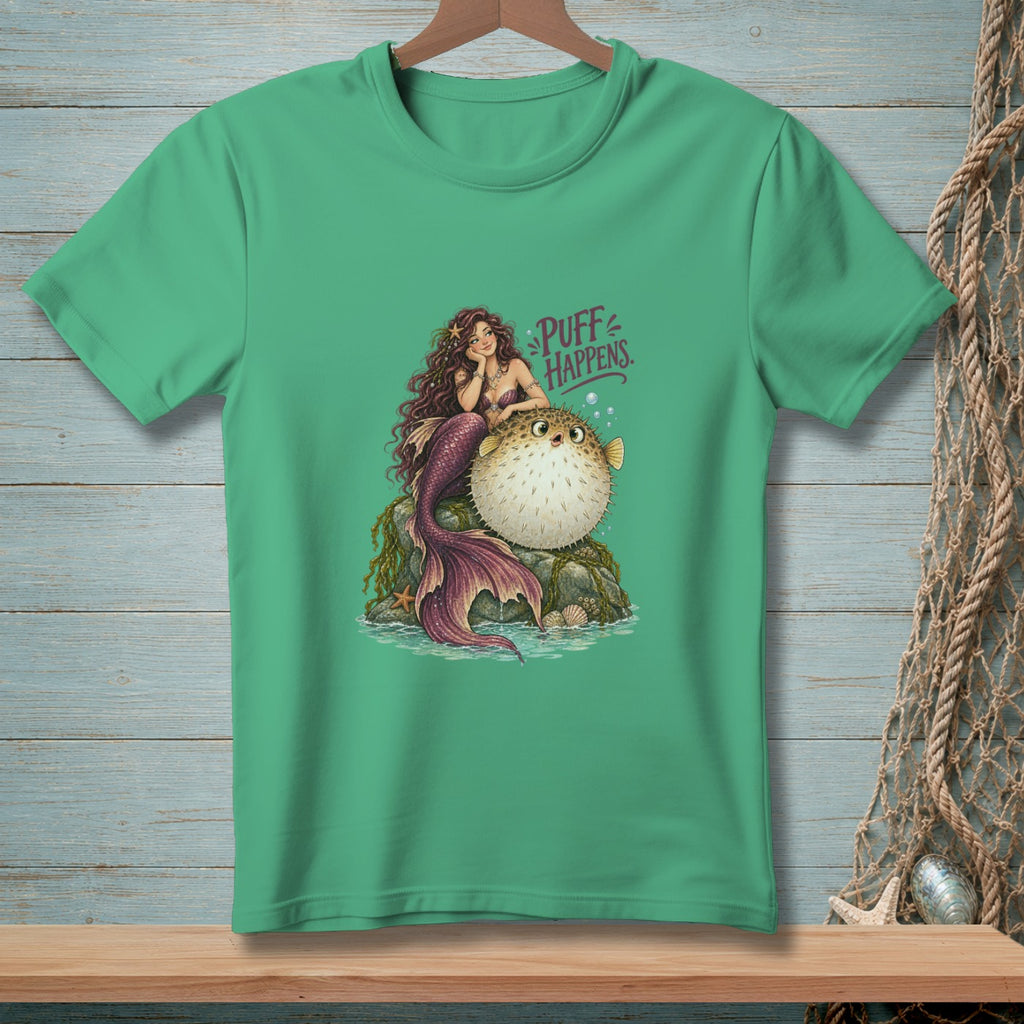 Mermaid with purple tail sits next to a pufferfish with "Puff Happens" text.