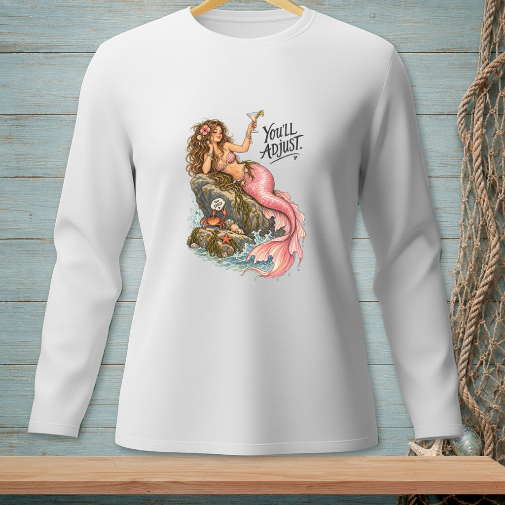 Mermaid on a rock with a drink, "You'll Adjust." text above.