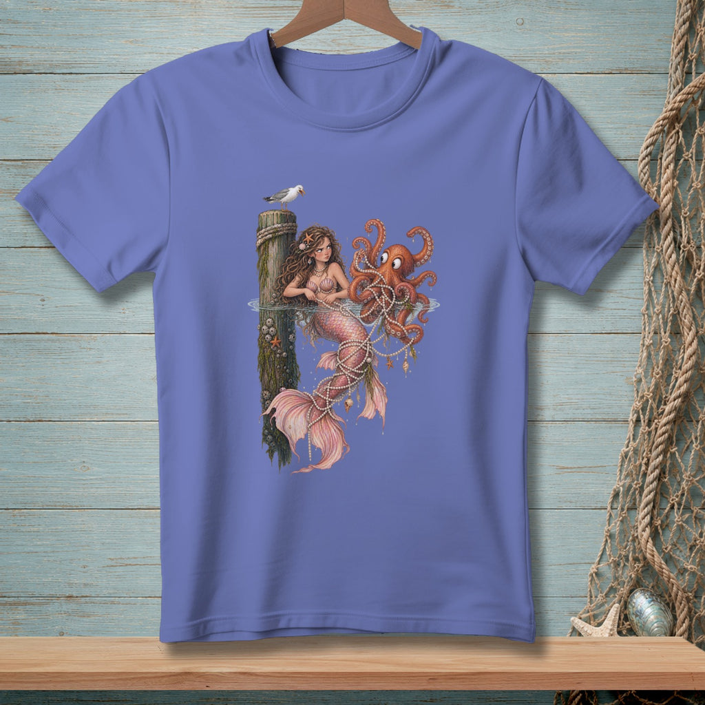 Mermaid and octopus entwined with pearls on a wooden post, with a seagull above.