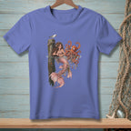 Mermaid and octopus entwined with pearls on a wooden post, with a seagull above.