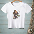 White t-shirt with a graphic of a mermaid holding shells and a fish.