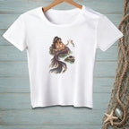White t-shirt with a graphic of a mermaid holding shells and a fish.