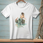 Mermaid with sunglasses and cocktail sits on rocks with a crab and shells.