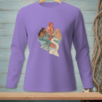 Purple long-sleeve shirt with three mermaids gathered around a tray of drinks.