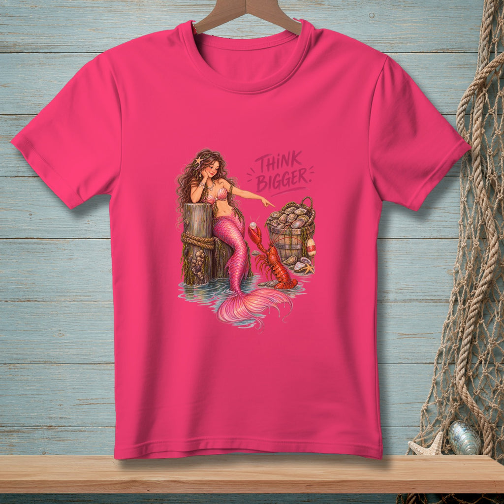 Mermaid pointing at oysters with lobster and text "THINK BIGGER".