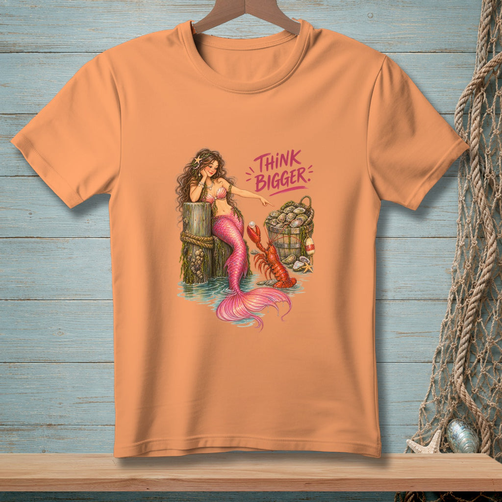 Mermaid on pier with lobster, oysters, and text "THINK BIGGER".