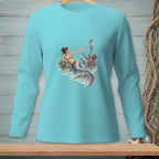 Mermaid reaching for a drink served by an octopus on a light blue long-sleeved shirt.