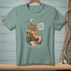Mermaid with pink tail on wooden posts, seagull, and sign reading "Don't Judge My Current Situation."