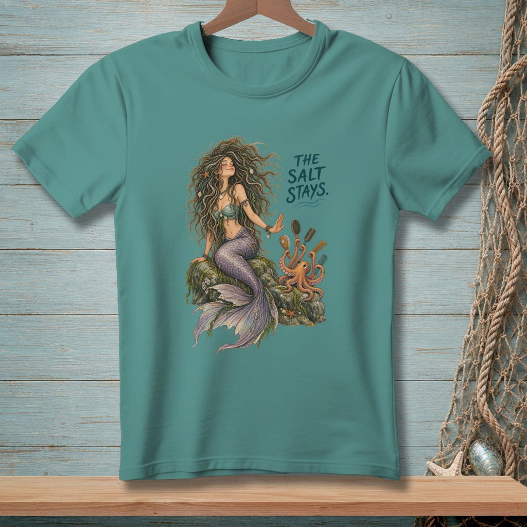 Teal t-shirt graphic with mermaid, octopus, and text "THE SALT STAYS."