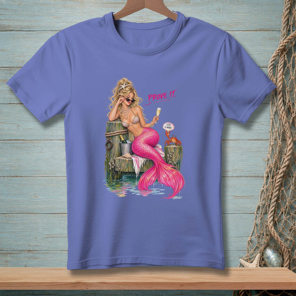 Mermaid with pink tail and blonde hair holding champagne, text "PROVE IT."