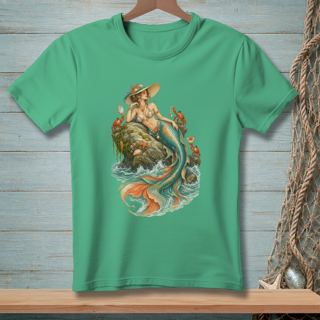 Green t-shirt with a mermaid sitting on a rock surrounded by crabs and starfish.
