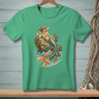 Green t-shirt with a mermaid sitting on a rock surrounded by crabs and starfish.