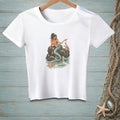White t-shirt with illustration of a mermaid sitting on a rock with a crab.