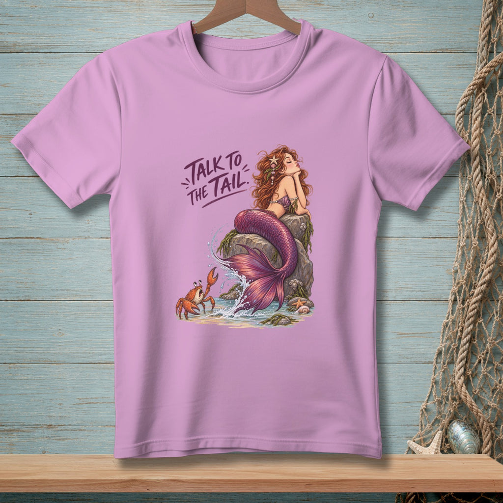 Lilac t-shirt with mermaid, crab, and "Talk to the Tail" text.