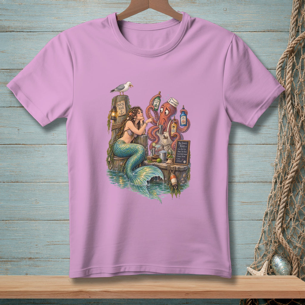 Mermaid at a dock bar with an octopus bartender, drinks, and a seagull.
