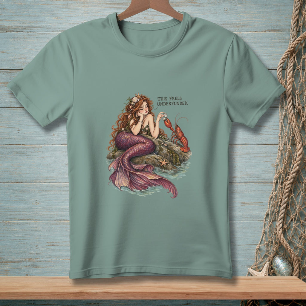 Mermaid and lobster graphic with text "This Feels Underfunded" on a teal t-shirt.