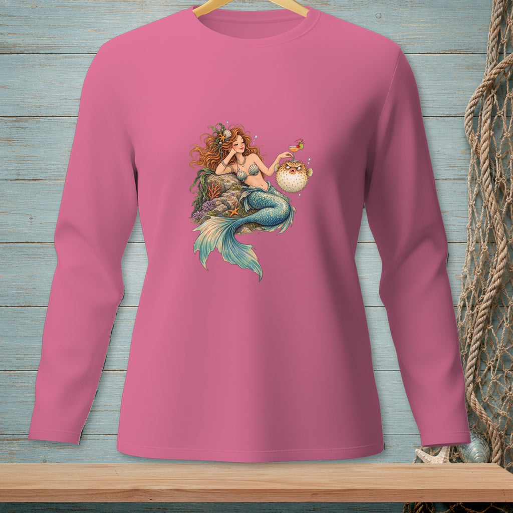 Pink long-sleeve shirt with a mermaid and pufferfish graphic.