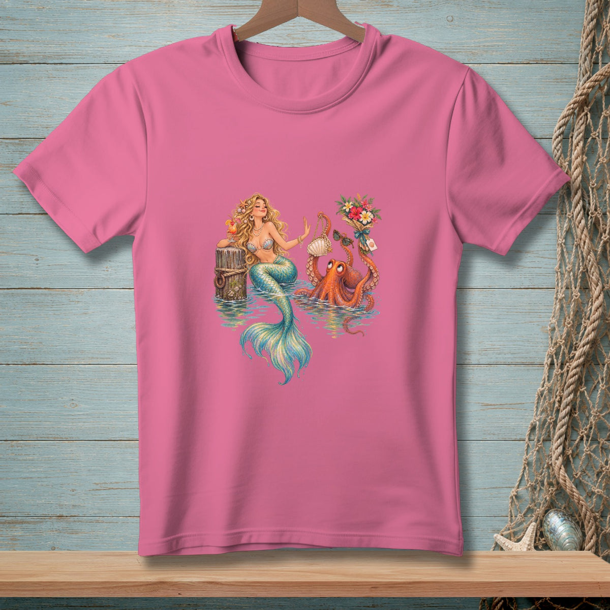 Pink t-shirt with mermaid and octopus graphic featuring beach accessories and floral bouquet.