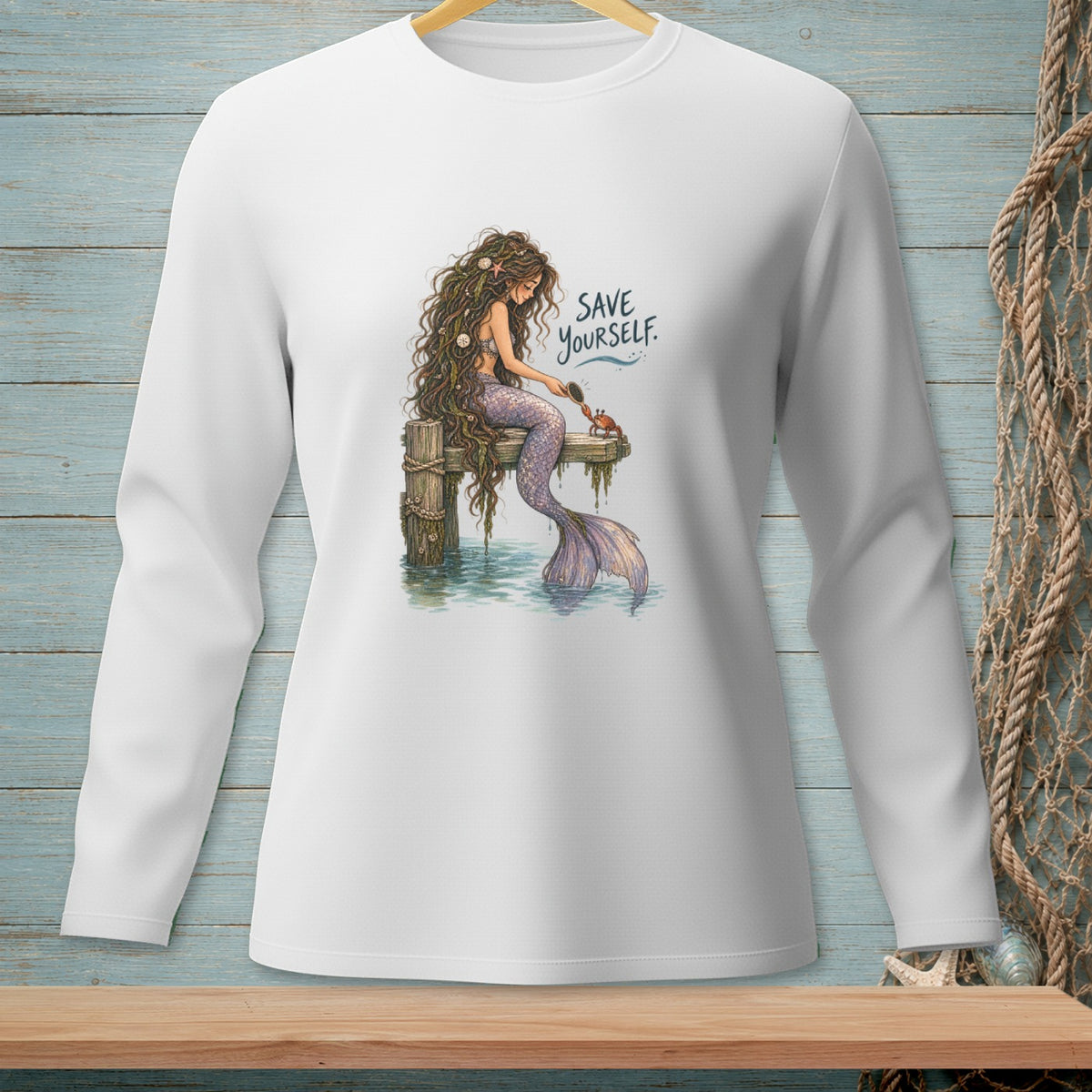 Mermaid with a crab and a mirror on a dock with text "SAVE YOURSELF."