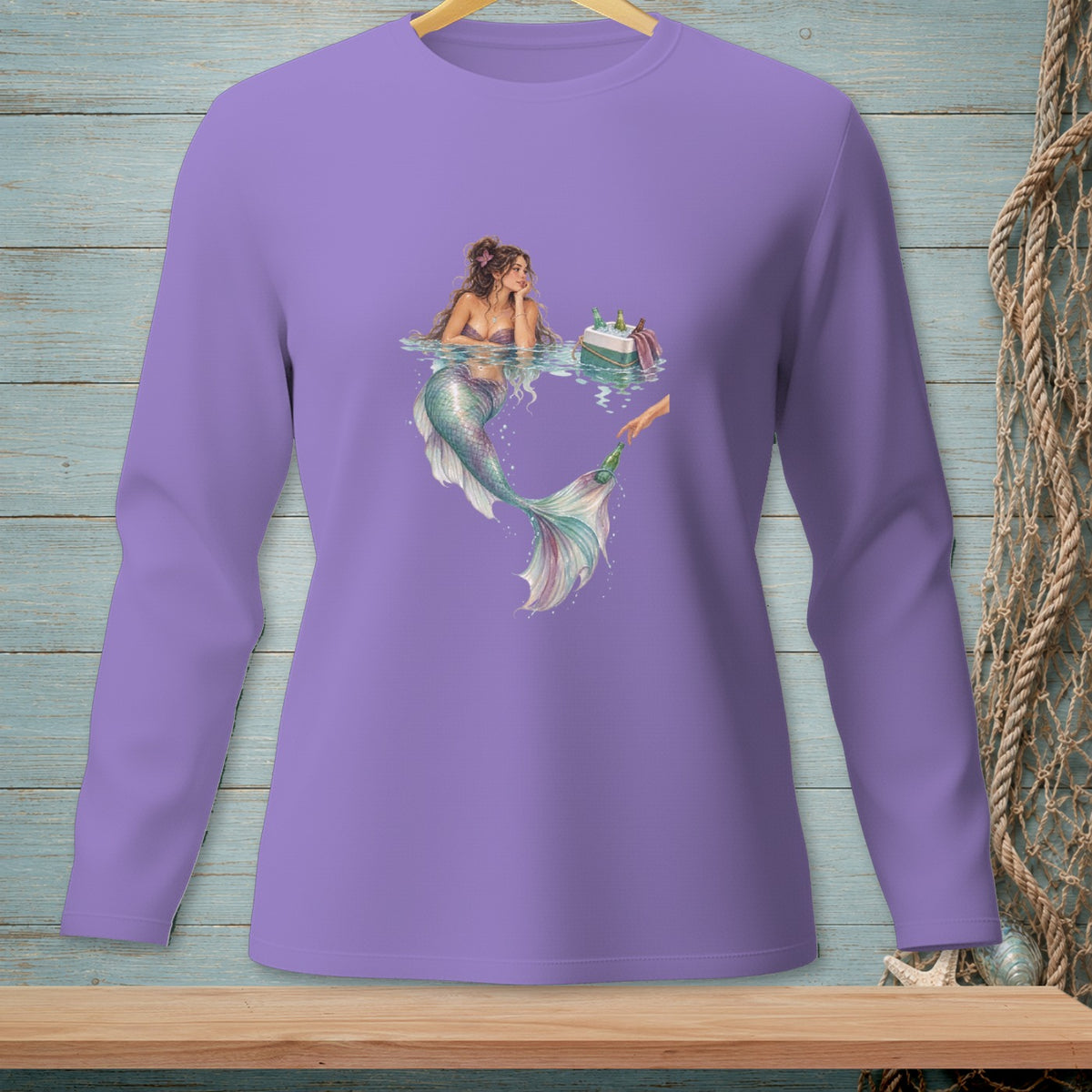 Illustration of a mermaid relaxing by a cooler with bottles, with a hand reaching for a bottle.